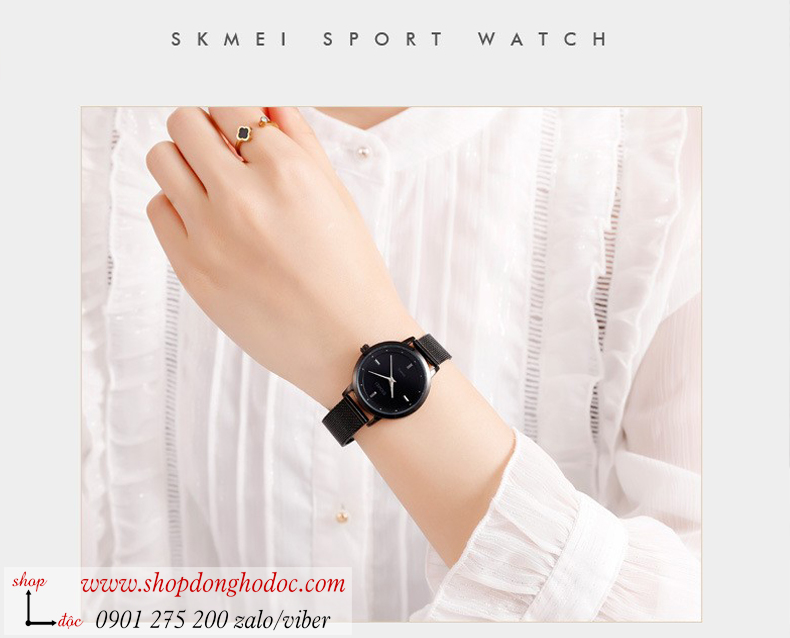 Đồng hồ nữ Skmei dây kim loại mặt tròn đen cá tính ĐHĐ25901
