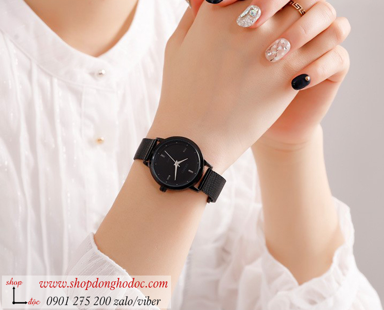 Đồng hồ nữ Skmei dây kim loại mặt tròn đen cá tính ĐHĐ25901