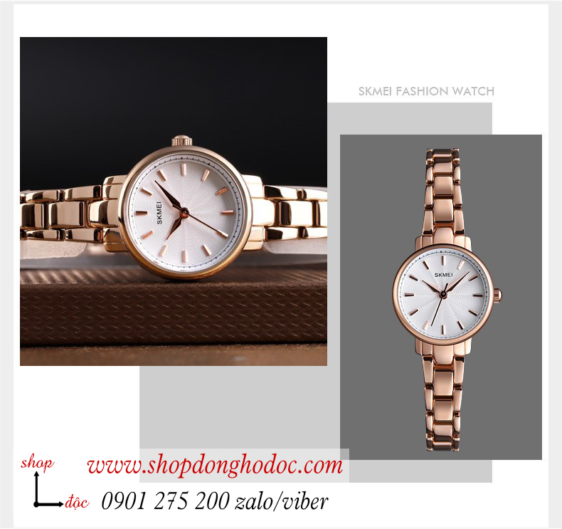 Đồng hồ nữ size nhỏ Skmei dây kim loại mặt tròn vàng sang chảnh ĐHĐ26102