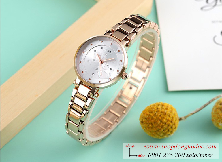 Đồng hồ nữ size nhỏ Skmei dây kim loại mặt tròn vàng sang chảnh ĐHĐ26202