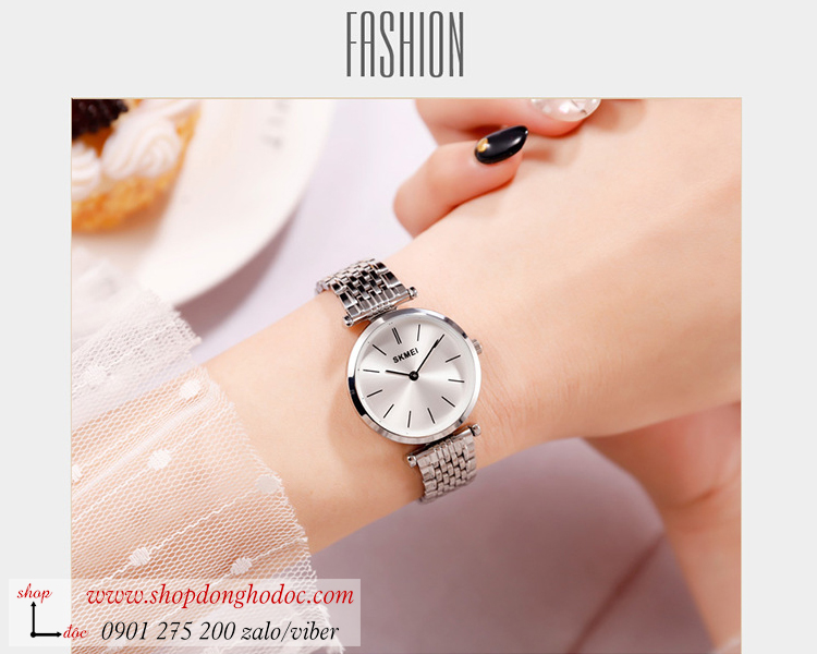 Đồng hồ nữ size nhỏ Skmei dây kim loại mặt tròn bạc thanh lịch ĐHĐ26401