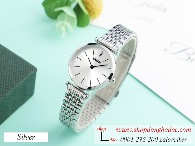 Đồng hồ nữ size nhỏ Skmei dây kim loại mặt tròn bạc thanh lịch ĐHĐ26401