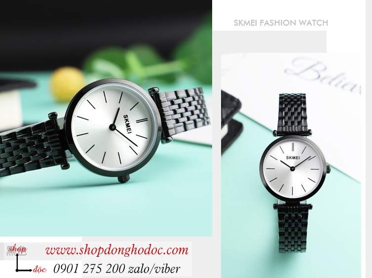 Đồng hồ nữ size nhỏ Skmei dây kim loại mặt tròn đen cá tính ĐHĐ26402