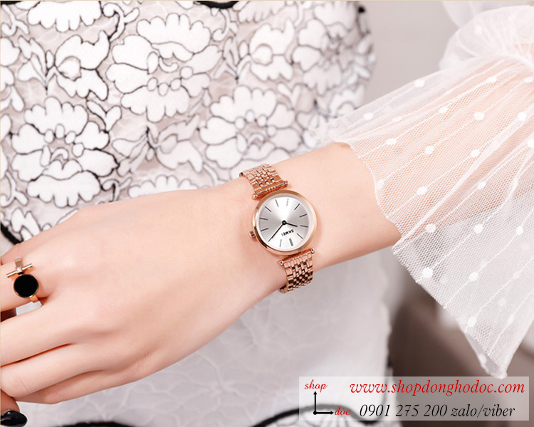 Đồng hồ nữ size nhỏ Skmei dây kim loại mặt tròn vàng hồng thời thượng ĐHĐ2643