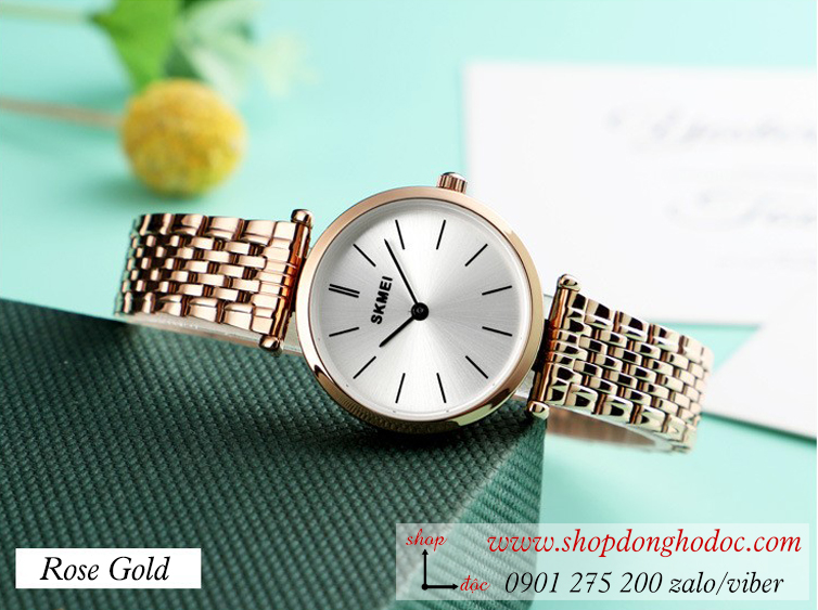 Đồng hồ nữ size nhỏ Skmei dây kim loại mặt tròn vàng hồng thời thượng ĐHĐ2643